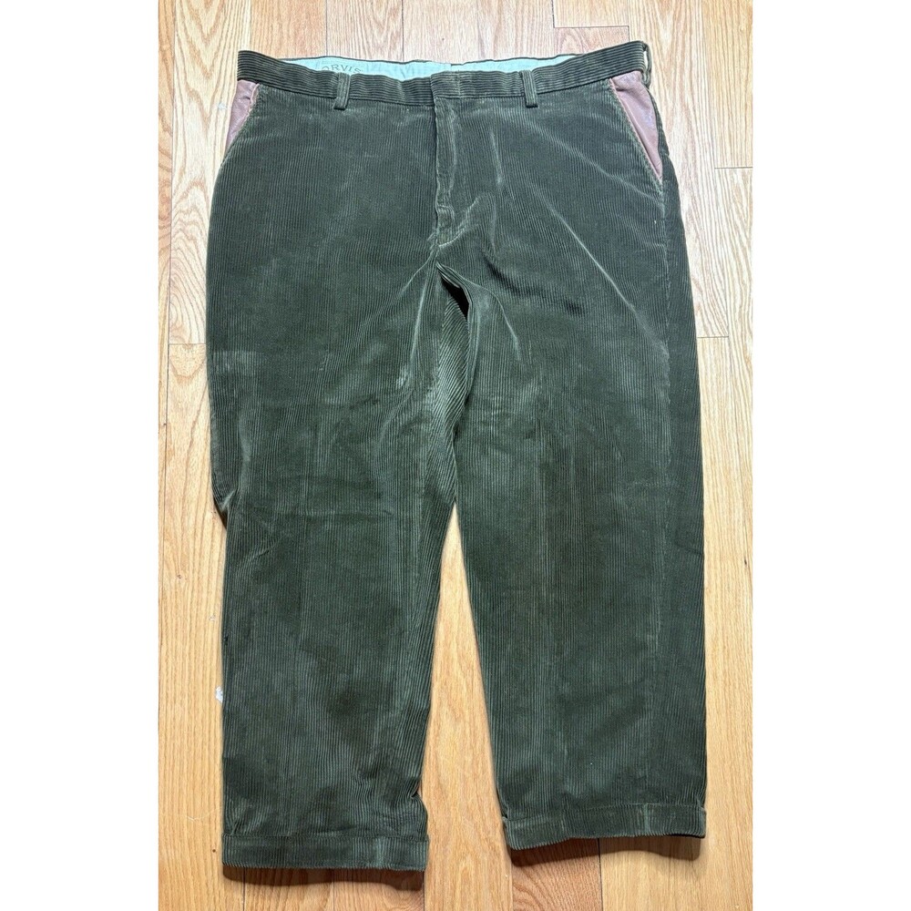 Orvis Dress Pants Mens 42x27 Green Corduroy Pleated Straight Leg Leather Pockets